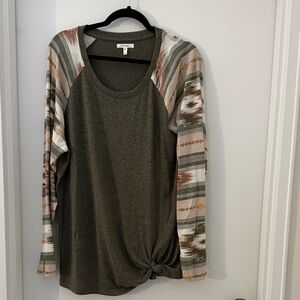 Maurices Olive Long Sleeve Top with Patterned Sleeves